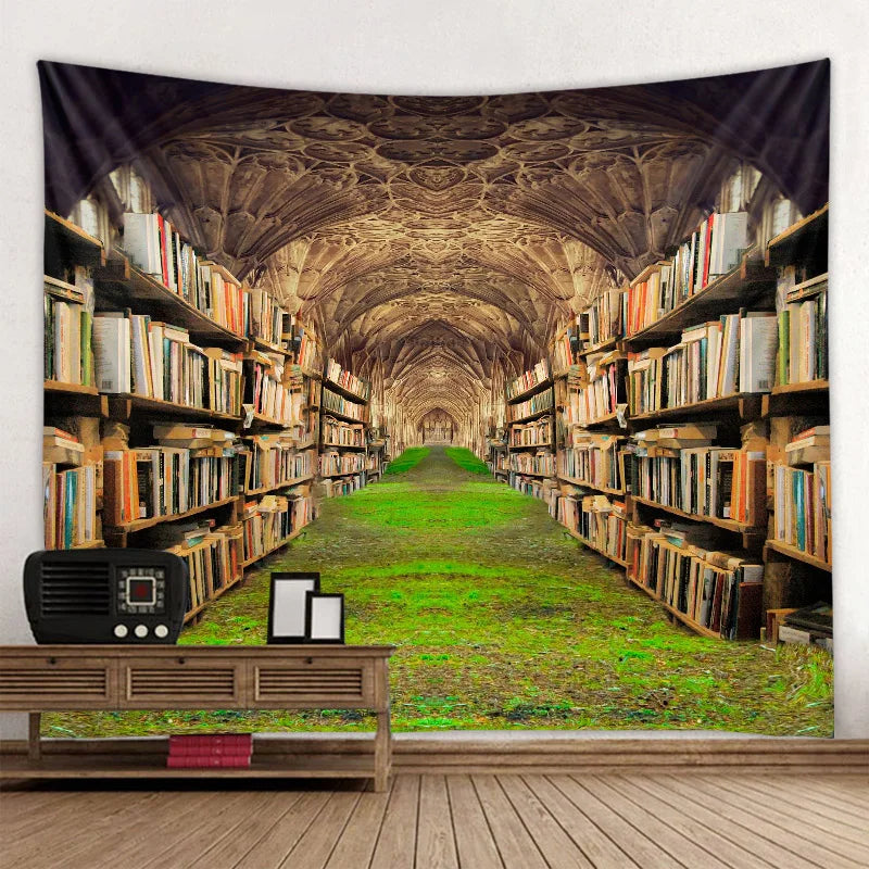 Décoration bohème tapisserie bibliothèque vintage