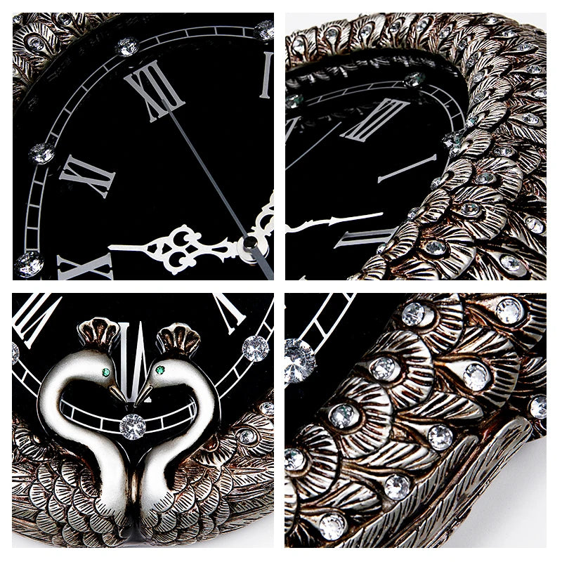 horloge murale art déco plumes paon strass solaire résine noir argenté unique