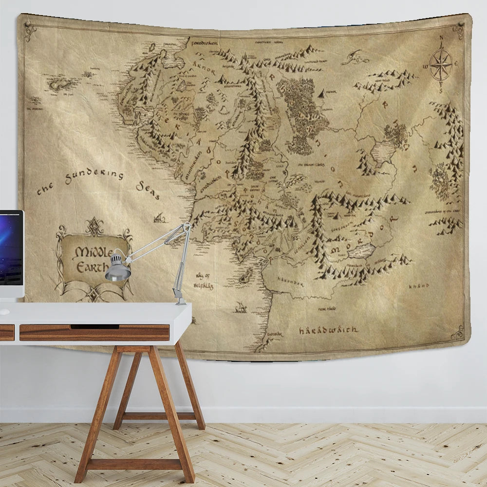 tapisserie vintage carte middle earth détails géographiques ornement clips beige brunclair