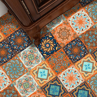 Autocollant de carrelage floral orange, 10 pièces pour décoration murale et sol, facile à poser et réutilisable