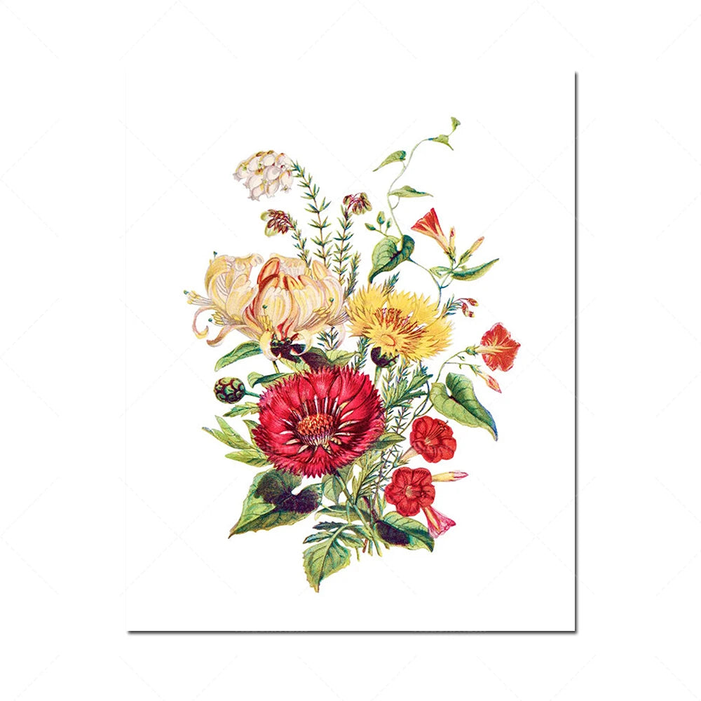 Bouquet de fleurs sauvages colorées, comprenant des chrysanthèmes rouges et jaunes, des dahlias et d'autres fleurs épanouies.