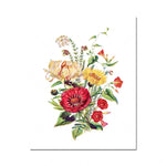 Bouquet de fleurs sauvages colorées, comprenant des chrysanthèmes rouges et jaunes, des dahlias et d'autres fleurs épanouies.