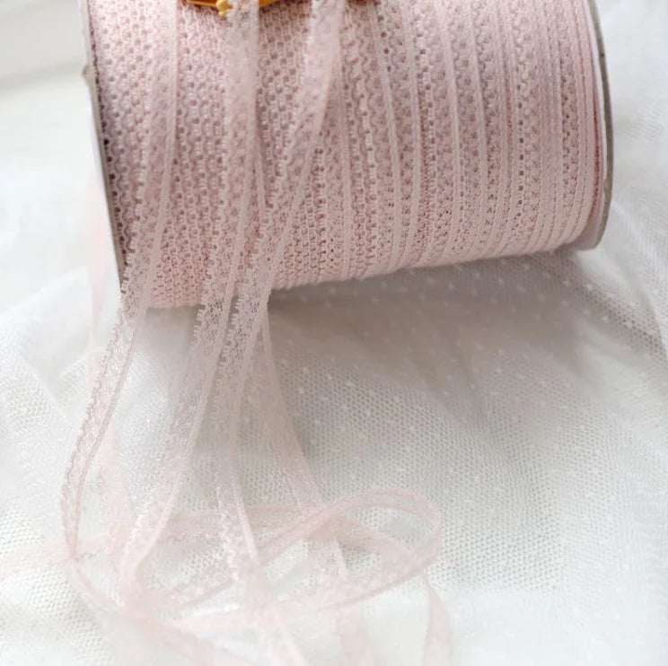 ruban dentelle fine motifs floraux blanc rose gris classique écologique soluble eau polyester 7mm