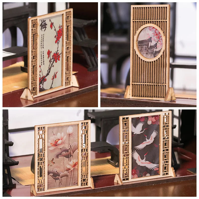 écran vintage bois chinois fleurs calligraphie stickers traditionnel intérieur décoration artisanale miniature