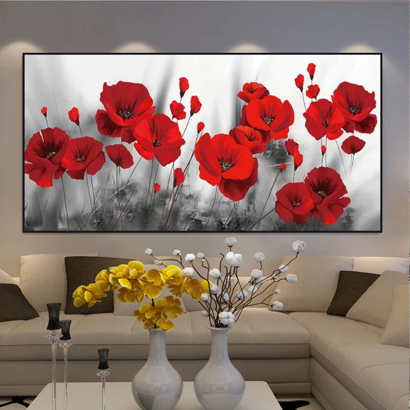 toile d'art moderne fleurs rouges fond noir blanc décoration mur horizontale sans cadre imperméable