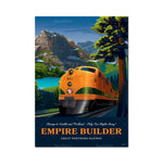 Affiche publicitaire d'un train de la compagnie ferroviaire Great Northern Railway traversant un paysage montagneux verdoyant avec un lac bleu dans un décor de nature.