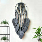 décoration murale boho dreamcatcher gris plumes macramé artisanal decoration