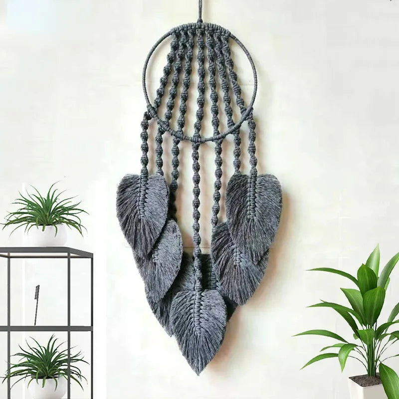 décoration murale boho dreamcatcher gris plumes macramé artisanal decoration