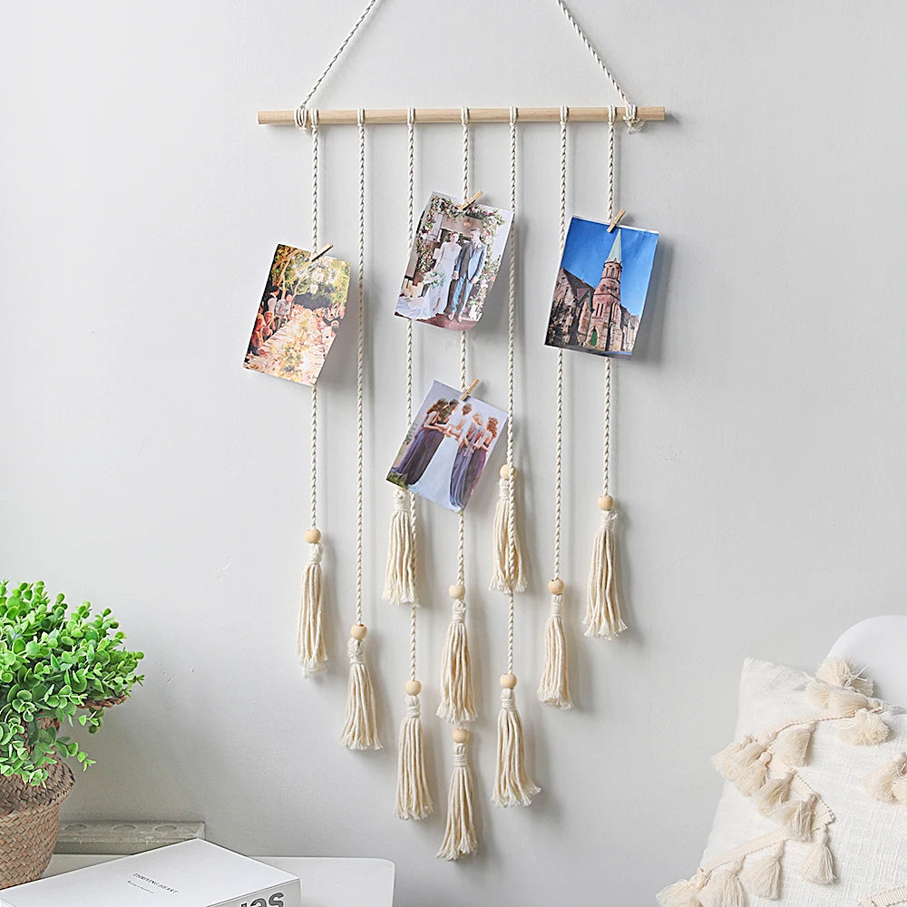 cadre photo murale bois corde tressée pompons bohème chambre enfant decoration chambre cadeau amis