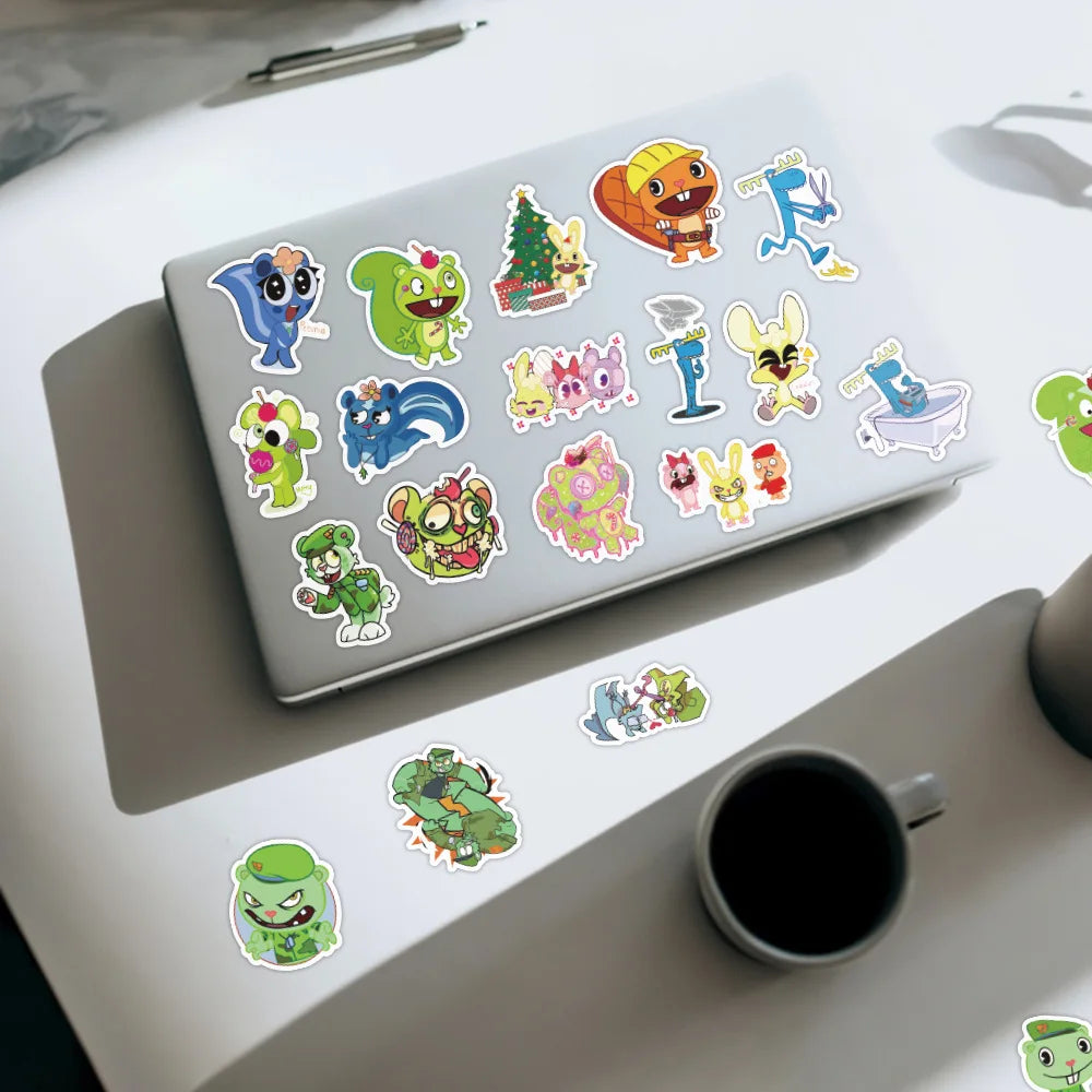 sticker cartoon happy tree friends autocollant dessin animé visage souriant adhésif vinyle étanche pvc