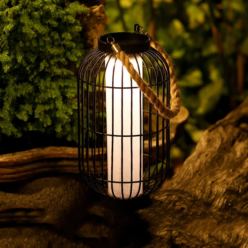 lanterne vintage rustique cage métallique corde noir toile blanche extérieure imperméable éclairage public led