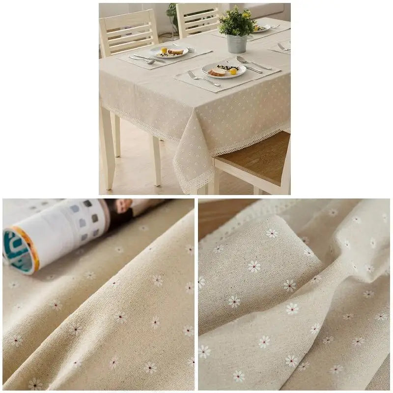 nappe table lin motif fleur dentelle beige serviettes assiettes couverts classique rustique