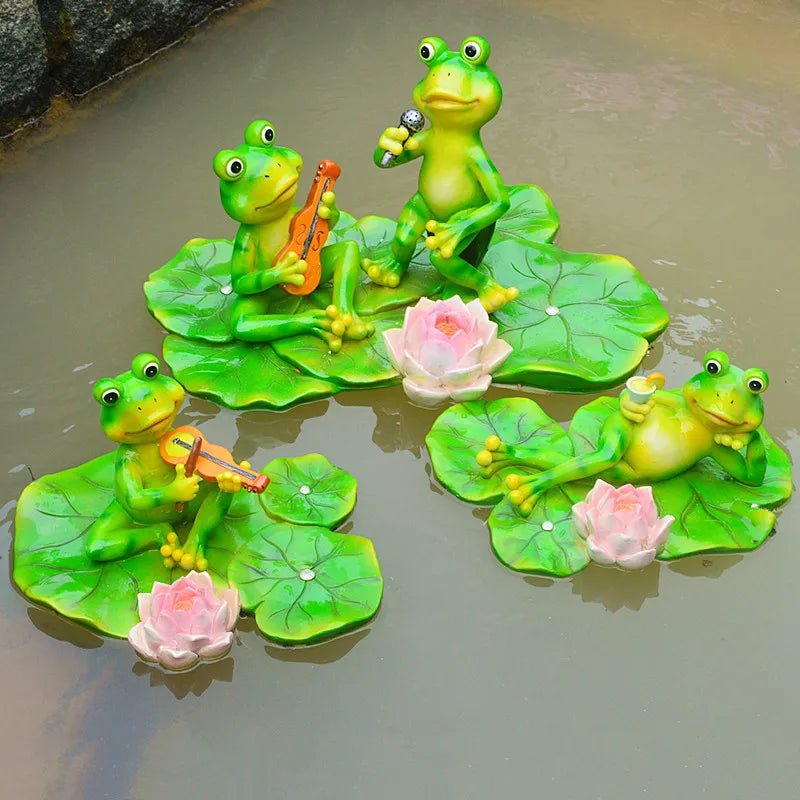 statue grenouille résine décorative jardin étang fleurs lotus sculpture animal décor maison extérieur vert