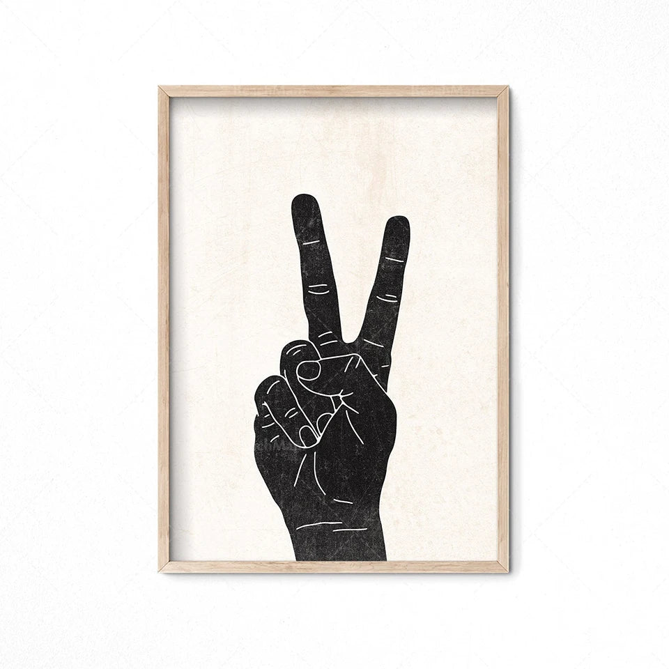Une illustration monochrome minimaliste montrant deux doigts formant un signe de paix.