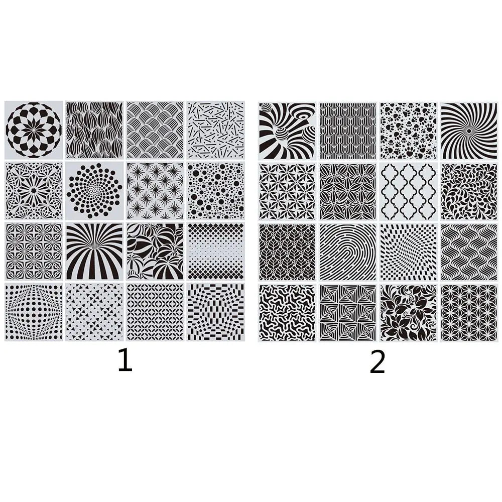 stencils géométriques motifs floraux décoration murale panneaux artistiques illusions optiques assiettes décoratives motifs traditionnels