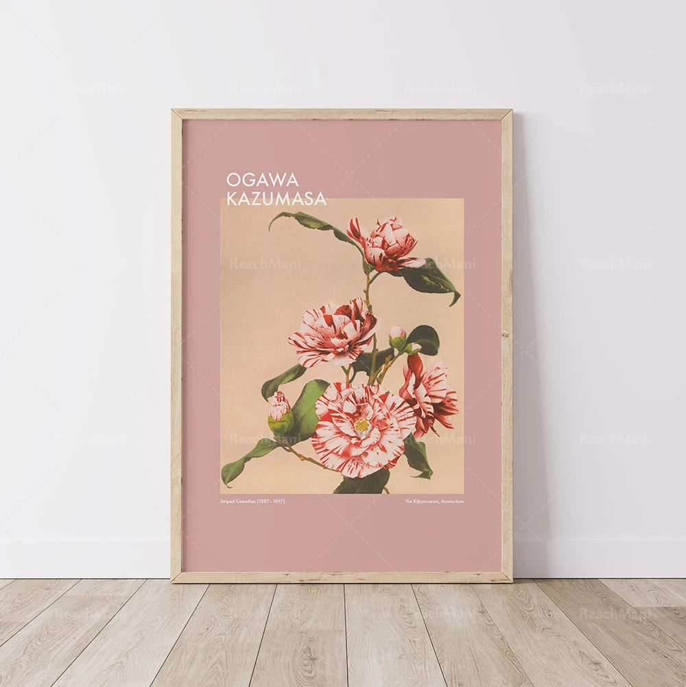 L'image montre un cadre décoratif avec une illustration d'un bouquet de fleurs roses épanouies et vibrants contre un fond rose pâle, accompagnée du nom de l'artiste Ogawa Kazumasa.