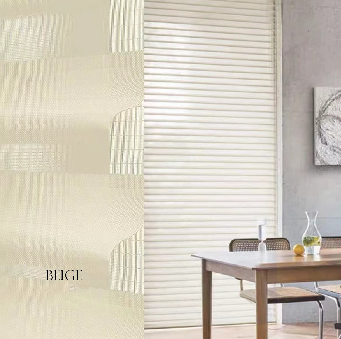 Stores verticaux motorisés tissu blanc règles horizontales moderne filtration lumière privacité chambre salon