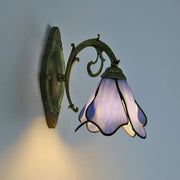 lampe murale art nouveau tiffany bleu violet bronze fleur stylisée verre translucide
