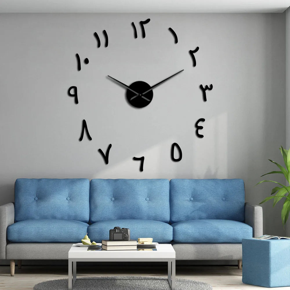 horloge murale moderne chiffres arabes acrylique argent doré noir autocollants grande taille