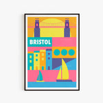 Une illustration colorée et géométrique de la ville de Bristol, en Angleterre, mettant en avant ses principaux monuments et paysages urbains.