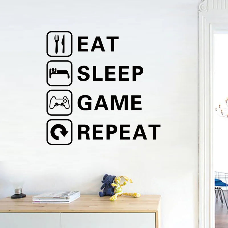 autocollant mural minimaliste eat sleep game personnages repas lit jeu répétition 43cm 43cm noir