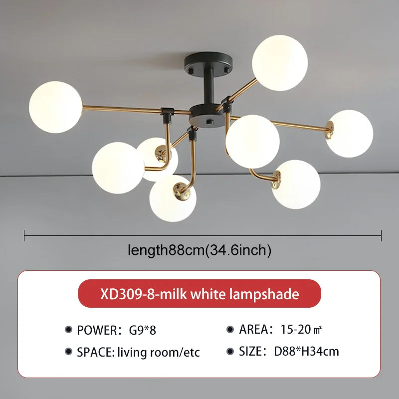lampe suspension moderne sphères translucides structure dorée salon blanc nordique