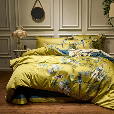Parure de lit coton égyptien jaune motif oiseaux vue d'ensemble
