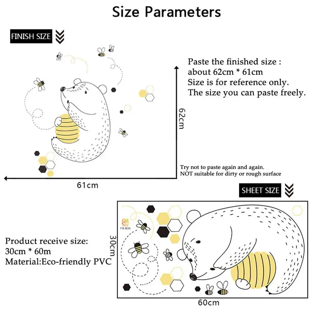 sticker mural dessin animé ours abeilles enfant simple adhésif pvc chambre bébé decoration miel
