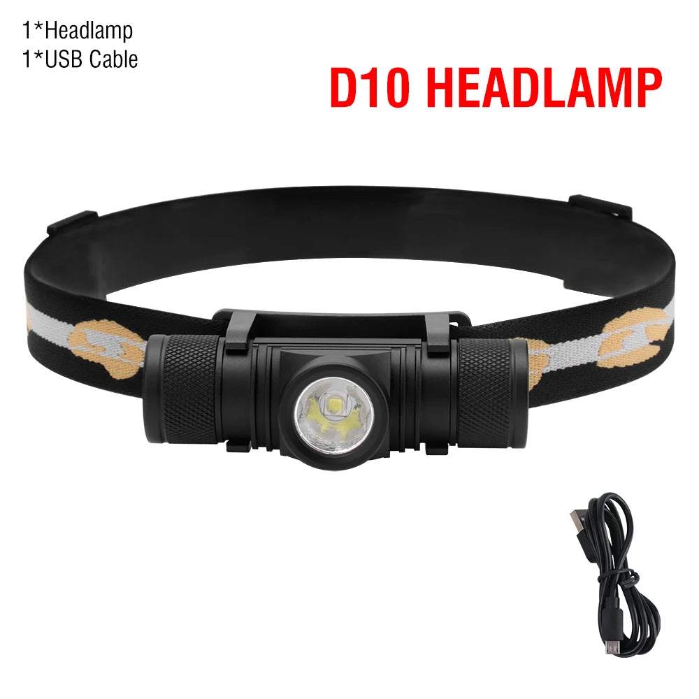lampe frontale rechargeable camping chasse étanche 10w led noir jaune adjustable