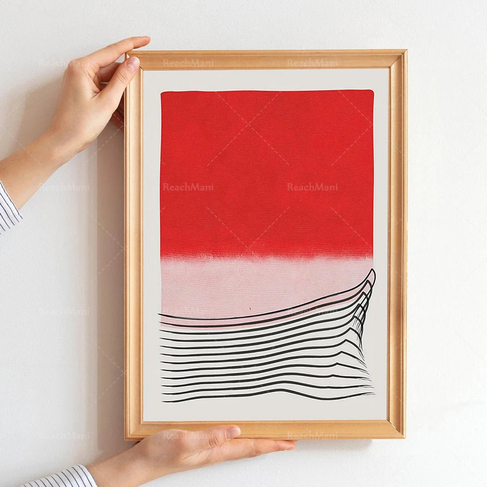 Une œuvre d'art minimaliste avec des lignes ondulées noires sur un fond rouge et rose, encadrée dans un cadre en bois.