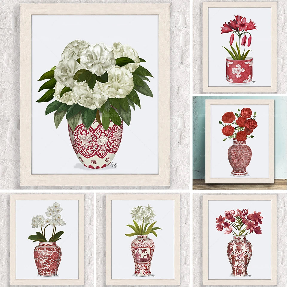 Élégante collection d'illustrations florales dans des vases décoratifs aux motifs traditionnels.