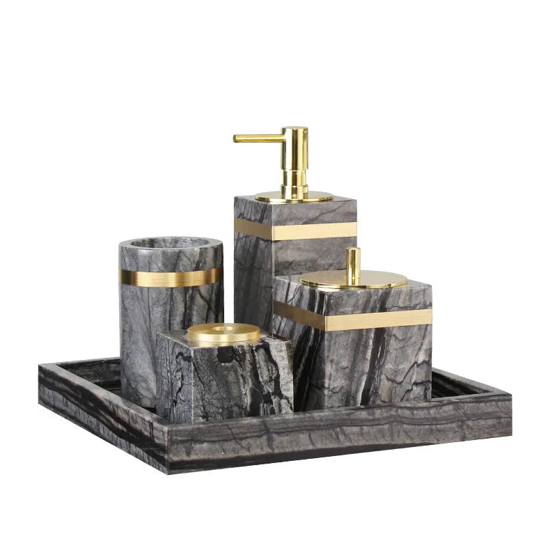 ensemble produits salle bain marbre gris moderne élégant brosse dents distributeur savon gobelet tube