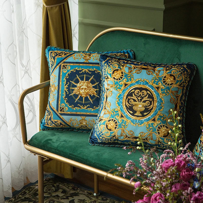 housse coussin baroque bleu doré motif soleil floral adhésif salon maison simple opacité polyester