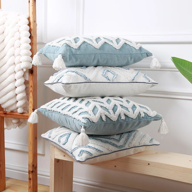 coussin decoratif bleu blanc motif geometrique moderne boho chic amovible lavable tassel adhésif coton