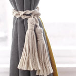 rideaux boho chic tissés main rubans décoratifs coton opaques beige clair noecs ornements