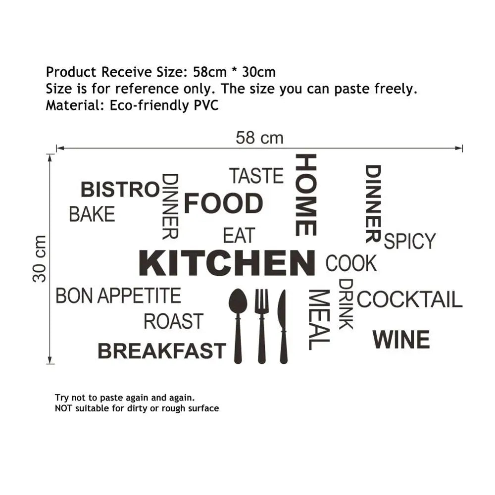 sticker mural adhésif texte cuisine noir typographique décoration murale intérieure pvc résistant eau 58cm