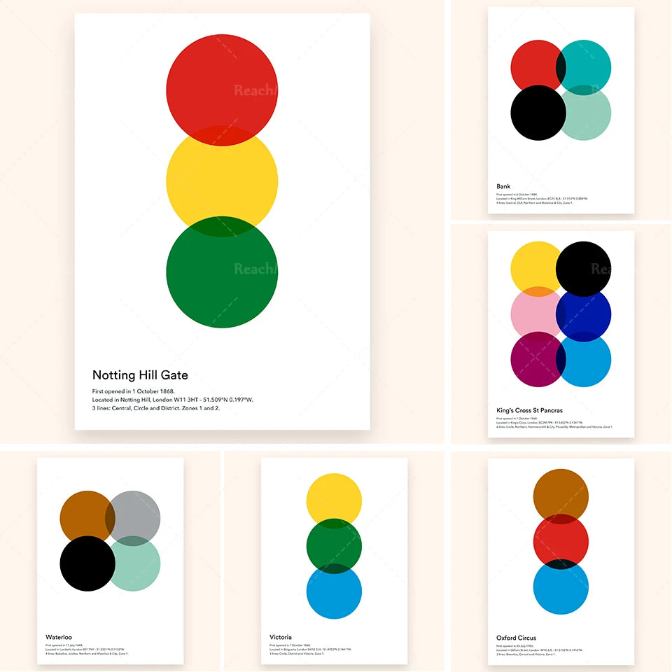 Une série d'affiches minimalistes composées de cercles colorés représentant différentes stations de transports en commun à Londres.