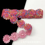 ruban décoratif fleurs strass brodé polyester rose bleu orange jaune marron opacité 6cm large