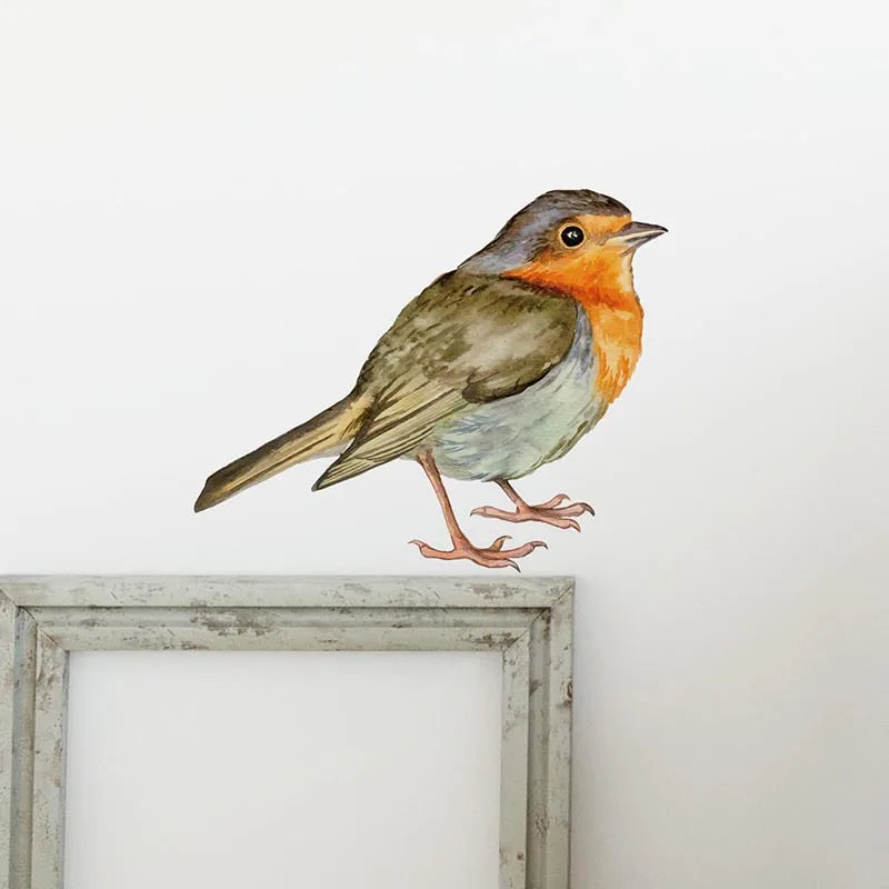 autocollant mural oiseau peint main orange gris vert chambre salon décoration fenêtre vitre pvc