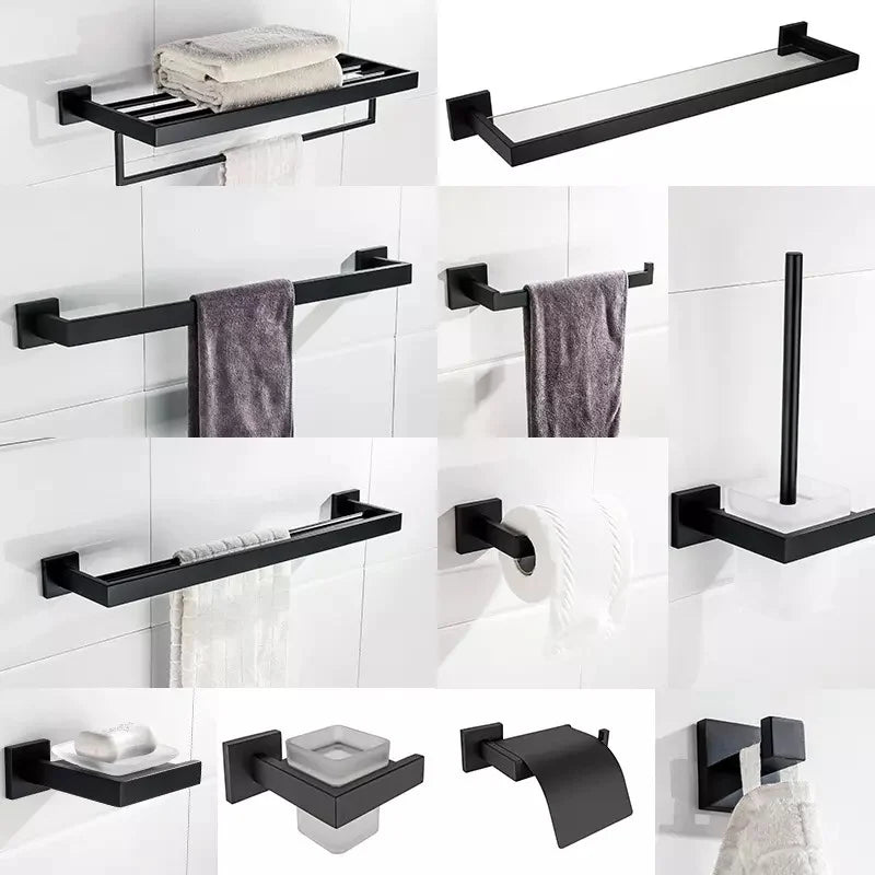 accessoires salle bain noir moderne porte serviettes savon papier toilette fixations murales métal chromé