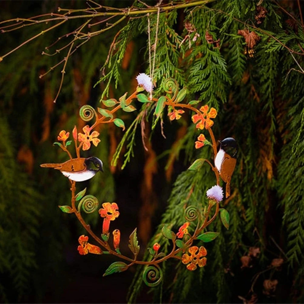 couronne décorative florale spirales oiseaux métal marron vert blanc rouge violet occasion fête anniversaire