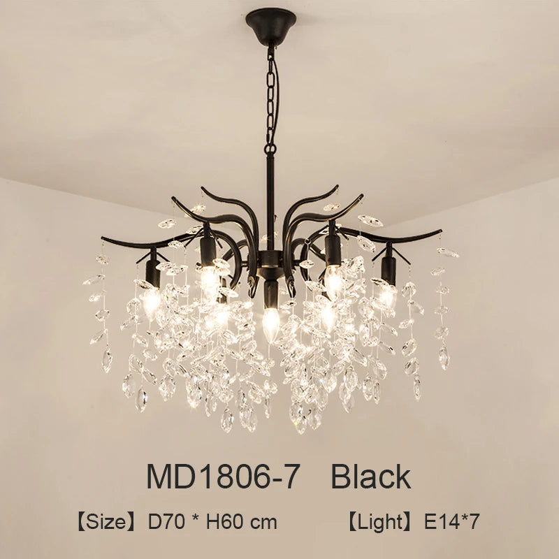 lustre moderne cristal K9 doré noir ampoules LED branches stylisées transparentes salon mariage