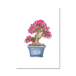 Une magnifique plante en bonsaï avec de belles fleurs roses épanouies dans un pot bleu.