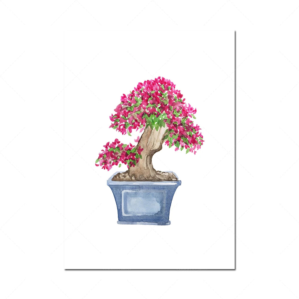 Une magnifique plante en bonsaï avec de belles fleurs roses épanouies dans un pot bleu.