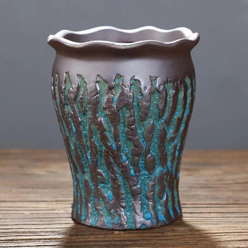 pots fleurs céramique glaçure abstraite bleu rose marron rustique plante verte artisanat