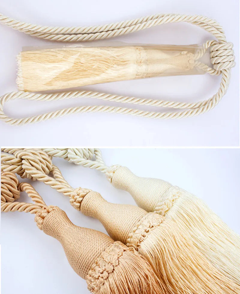 accessoires rideau attaches pompons franges tressage corde beige doré blanc cassé bohème classique