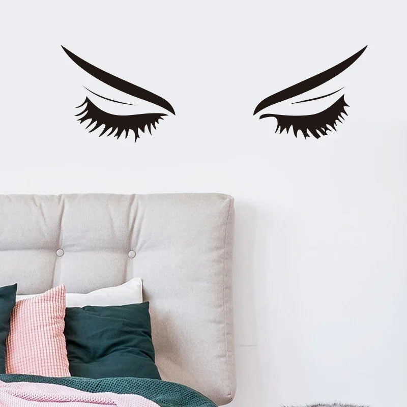 sticker mural minimaliste ombres yeux cils noirs adhésif salon chambre decoration pvc moderne