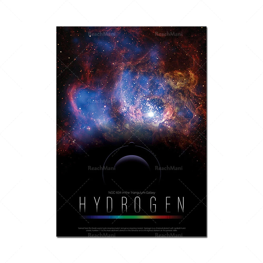 Une image captivante d'une nébuleuse galactique, avec le titre "Hydrogen" en couleurs vives, soulignant l'essence de cet élément essentiel de l'univers.