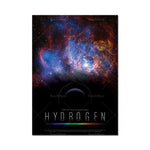 Une image captivante d'une nébuleuse galactique, avec le titre "Hydrogen" en couleurs vives, soulignant l'essence de cet élément essentiel de l'univers.