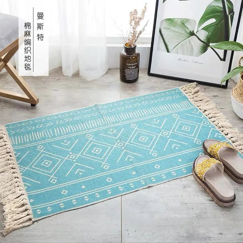 tapis géométrique boho beige noir triangles losanges antidérapant lavage machine main chambre salon prière